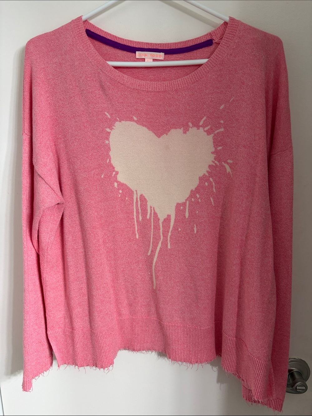 Lisa Todd Pink Pullover Sweater with Cream Heart Graphic